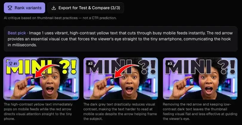 Compare view: three variants ranked by the AI with their reasons