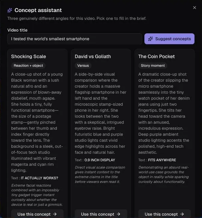Concept assistant: three different proposals for the same video