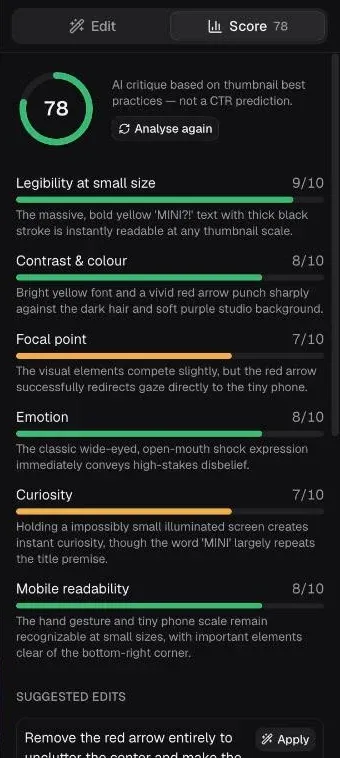 AI score panel: overall score and six detailed criteria, each out of 10