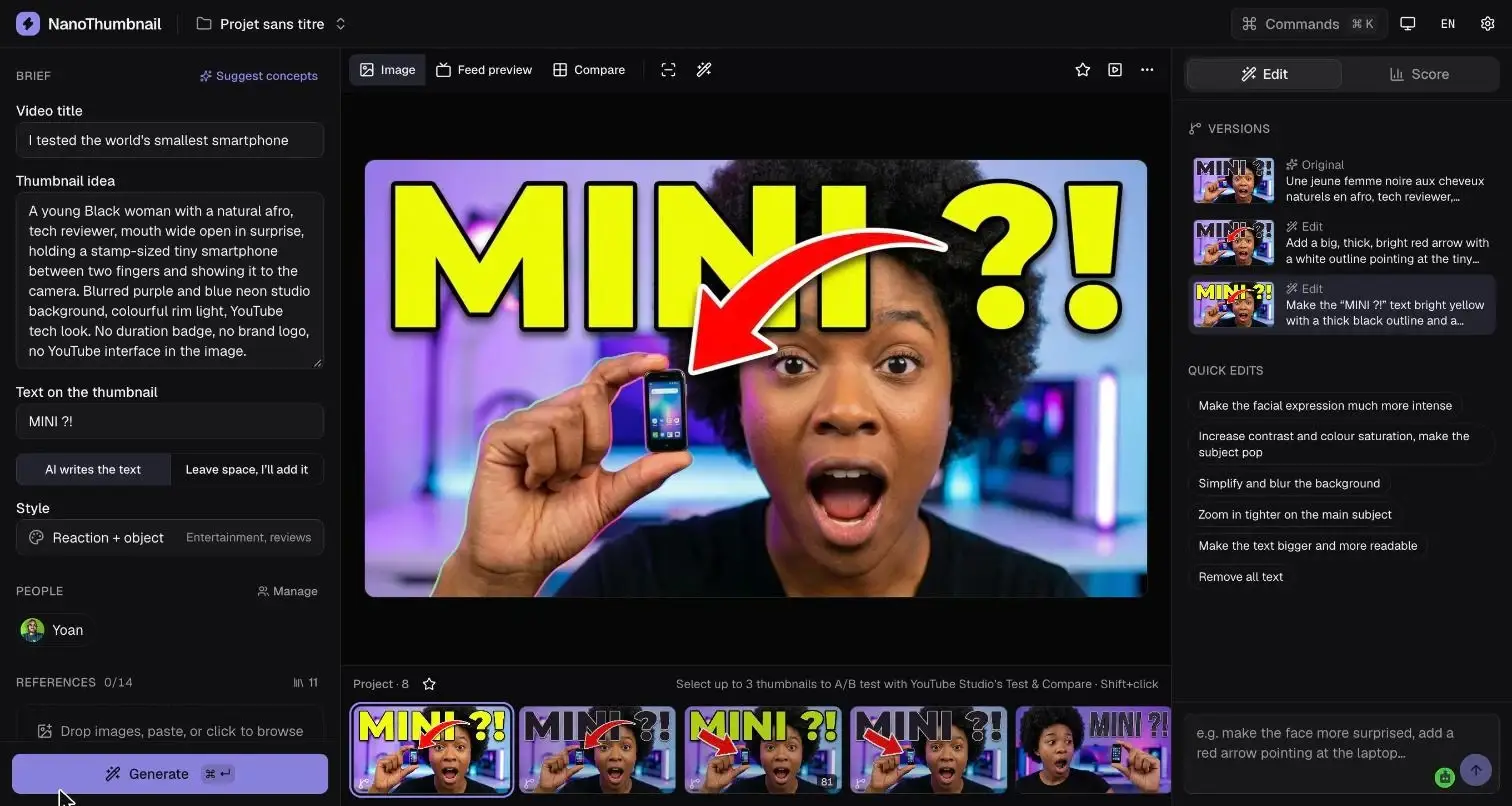 NanoThumbnail studio screenshot: brief on the left, thumbnail in the middle, version history and quick edits on the right