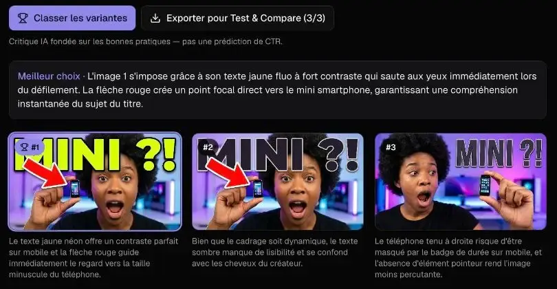 Vue Comparer : trois variantes classées par l’IA avec leurs justifications