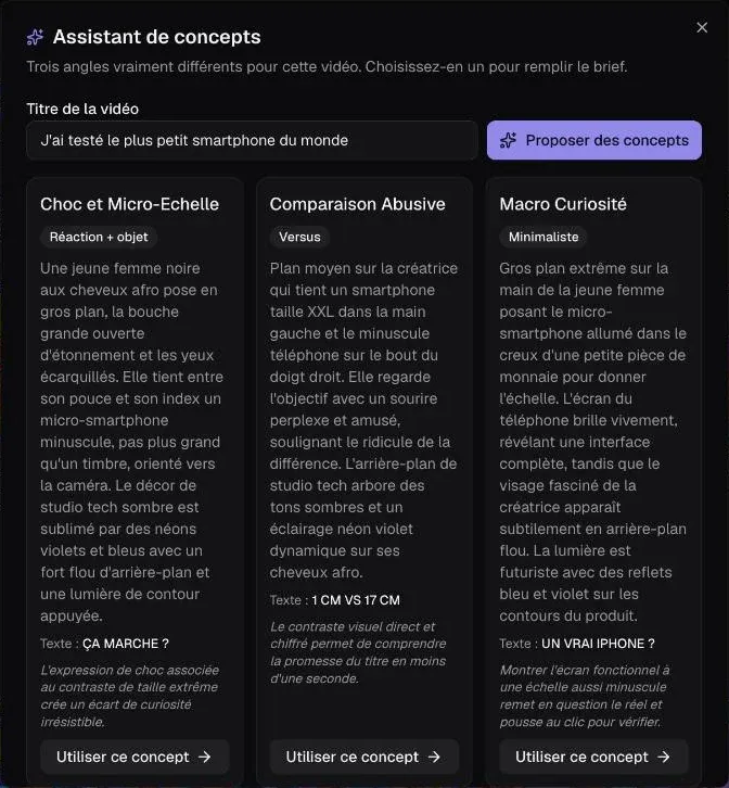 Assistant de concepts : trois propositions différentes pour la même vidéo