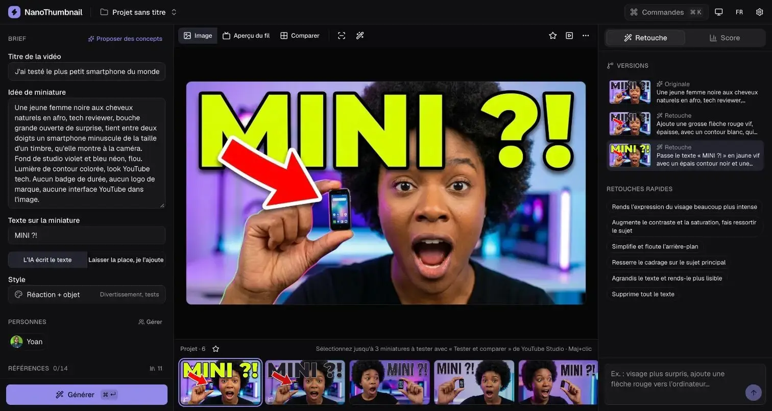 Capture du studio NanoThumbnail : brief à gauche, miniature au centre, historique des versions et retouches rapides à droite