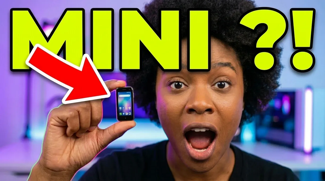 Miniature YouTube générée avec NanoThumbnail : une créatrice stupéfaite montre un smartphone minuscule, une grosse flèche rouge pointe vers lui, texte jaune « MINI ?! »